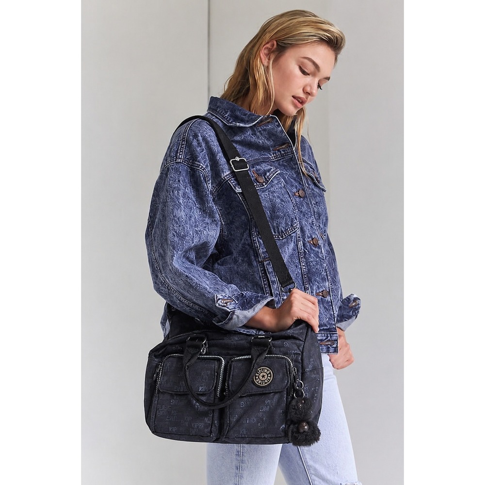 Vintage Kipling Black Logo Print Satchel Duffel Bag Monkey Keychain Y2K Canvas